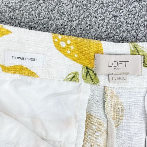 Loft Tie Waist Linen Blend Lemons Print Chino Shorts Ivory Yellow 6 Cuffed - Picture 6 of 9